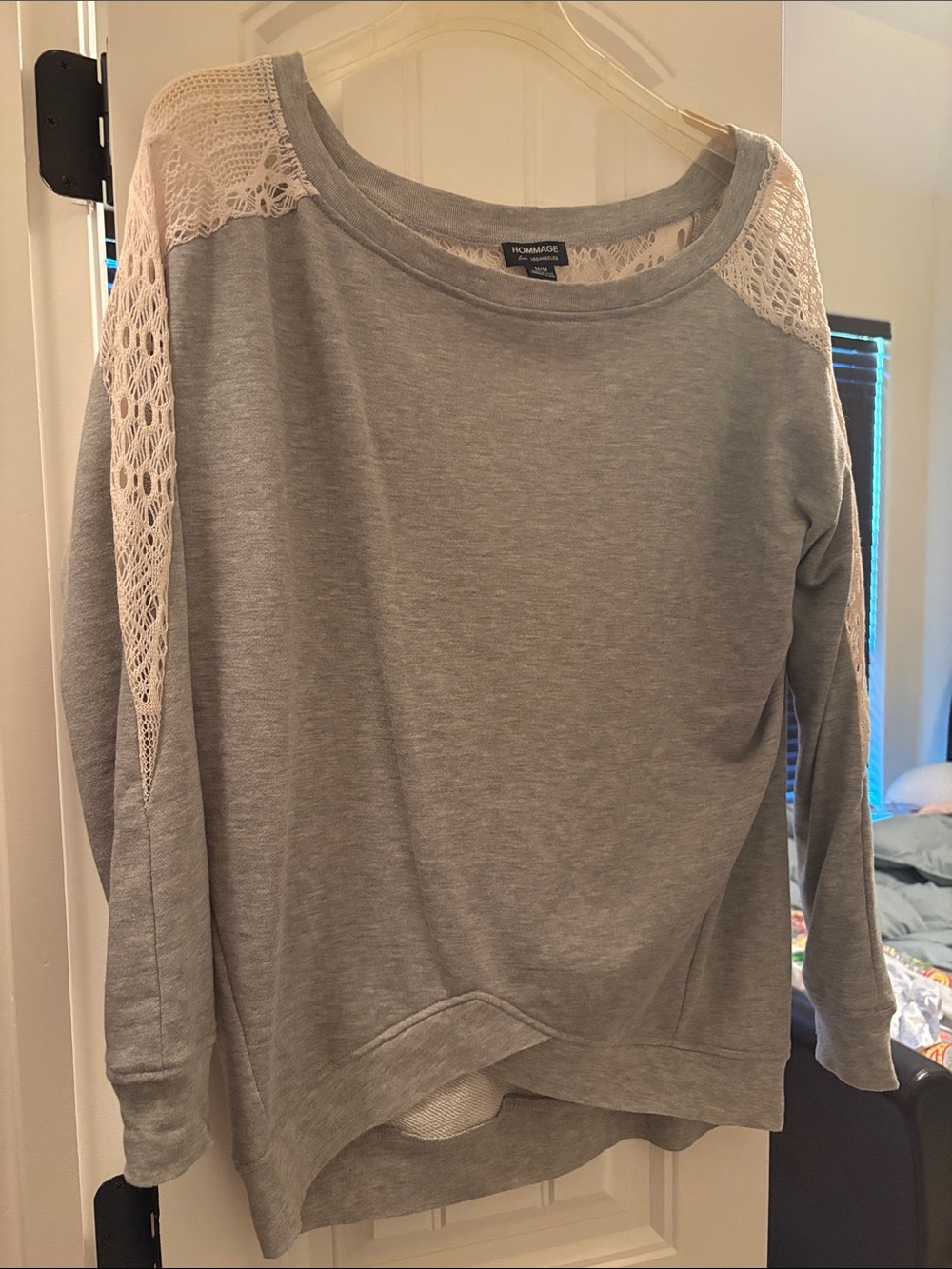 Hommage Women’s Gray Off-the-Shoulder Lace Detail Sweater